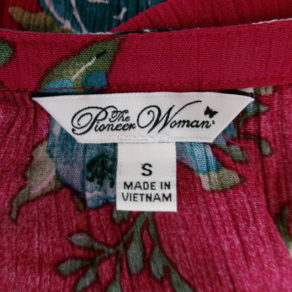 New Pioneer Woman Flowy Gauze Floral Print Boho Top Blouse S Fuchsia Red Blue - Picture 11 of 12